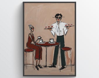 Vintage Cafe Illustration Elegant Cocktail Scene Poster