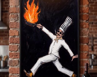 Chef Wall Art, Funny Kitchen Poster, Flambé Cooking Print, Moody Restaurant Portrait, Quirky French Bistro Decor, Foodie Gift Idea