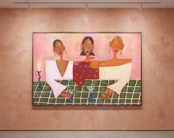 Friday at Five Wall Art Print, Modern Cocktail Illustration Poster, Stylish Girls Night Artwork, Colorful Dining Scene Decor