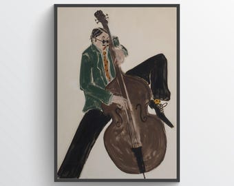 Funny Jazz Bassist Art Print Elegant Music Wall Decor