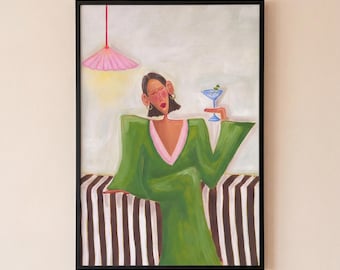 Martini in Bedroom Wall Art Print, Quirky Woman Cocktail Poster, Colorful Bedroom Decor, Modern Figurative Giclée Digital Download
