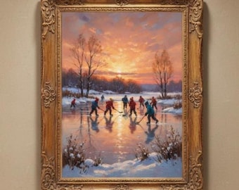 Sunset Pond Hockey Print – Nostalgic Winter ODR Art (Digital Download)