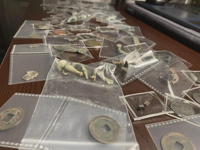May include: A collection of ancient artifacts, including coins and small sculptures, are displayed in individual clear plastic sleeves. The items vary in size and shape, with a range of colors from bronze to green, suggesting age and historical significance.