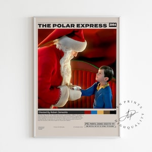Peut inclure: Affiche encadrée du film "Le Pôle Express" (2004) avec le Père Noël et un jeune garçon. Le Père Noël porte un costume rouge avec une barbe blanche, et le garçon une veste bleue. L'affiche a un fond beige.