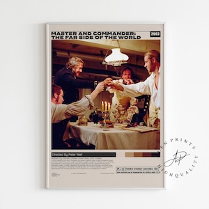 May include: A framed movie poster for "Master and Commander: The Far Side of the World" (2003). The image shows a scene with several people toasting, with a table set with candles and food. The poster has a neutral color palette.