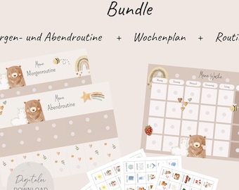 Morning & Evening Routine Bundle and Weekly Planner for Children (Bear) with Routine Cards | Routine Planner for Children | Digital File | Printable PDF