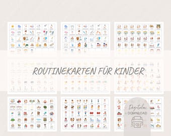 Peut inclure: Ensemble de six tableaux de routine illustrés pour enfants, chacun avec une grille d'icônes colorées représentant les activités quotidiennes. Les tableaux sont intitulés "ROUTINEKARTEN FÜR KINDER" et incluent une icône de téléchargement numérique.