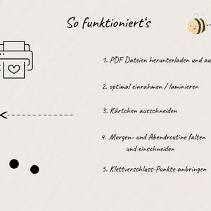 May include: A beige background with the text "So funktioniert's" and numbered instructions. The instructions include downloading and printing PDF files, framing, cutting out cards, folding routines, and attaching Velcro dots. A printer icon with a heart, scissors, and a bee are also shown.