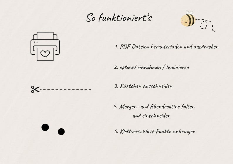May include: A beige background with the text "So funktioniert's" and numbered instructions. The instructions include downloading and printing PDF files, framing, cutting out cards, folding routines, and attaching Velcro dots. A printer icon with a heart, scissors, and a bee are also shown.