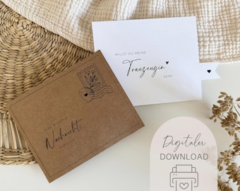 Peut inclure: Une enveloppe en papier kraft brun avec une illustration de timbre noir et le texte EINE WICHTIGE NACHRICHT FÜR DICH, accompagnée d'une carte blanche avec le texte WILLST DU MEINE TRAUZEUGIN SEIN? et un petit cœur, plus une étiquette de téléchargement.
