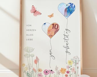 Regalo de cumpleaños | Cumplidor de deseos | Regalo de última hora para adultos | Descarga instantánea en PDF para imprimir | Regalo de dinero con temática de prado de flores