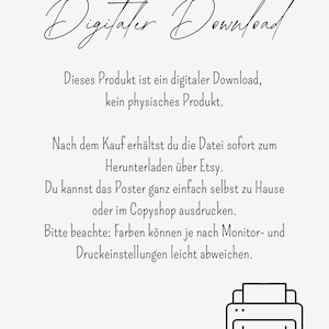 Puede incluir: Anuncio de descarga digital con las palabras "Digitater Download" en cursiva. El texto explica que el producto es una descarga digital, no un producto f&iacute;sico, y se puede descargar desde Etsy despu&eacute;s de la compra. Un icono de impresora con un coraz&oacute;n est&aacute; en la parte inferior.