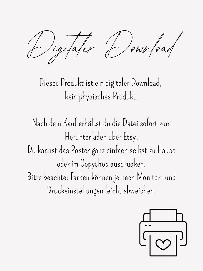 Puede incluir: Anuncio de descarga digital con las palabras "Digitater Download" en cursiva. El texto explica que el producto es una descarga digital, no un producto f&iacute;sico, y se puede descargar desde Etsy despu&eacute;s de la compra. Un icono de impresora con un coraz&oacute;n est&aacute; en la parte inferior.