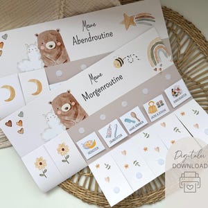 Op de afbeelding: Twee geïllustreerde routinekaarten met de tekst "Meine Abendroutine" en "Meine Morgenroutine". De kaarten bevatten een beer, lama, maan, ster, regenboog, bij en diverse pictogrammen voor dagelijkse activiteiten.
