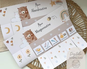 May include: Two illustrated routine charts with the text "Meine Abendroutine" and "Meine Morgenroutine". The charts feature a bear, llama, moon, star, rainbow, bee, and various icons for daily activities. The words "Digitaler Download" are also visible.