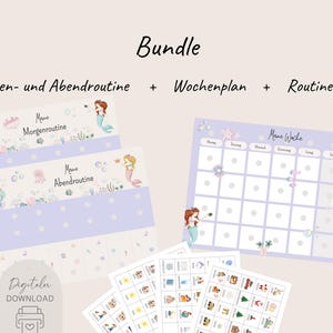 Peut inclure: Un ensemble de pages de planification numériques imprimables sur le thème des sirènes. Comprend des cartes de routine du matin et du soir, un planificateur hebdomadaire et des cartes de routine. Les pages sont violet clair avec des illustrations et du texte en allemand.