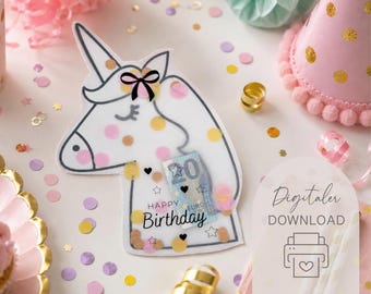 Tarjeta de cumpleaños de unicornio con efecto de movimiento | Empaque para dinero y certificados de regalo | Plantilla DIY para conceder deseos | Último minuto | PDF imprimible descargable
