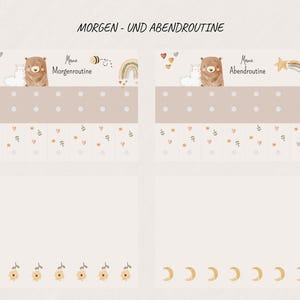 May include: A beige and white illustrated chart with the text "MORGEN - UND ABENDROUTINE". The chart features a bear, a llama, a rainbow, and other decorative elements. The chart is divided into sections with dotted lines and floral and moon designs.