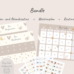 Op de afbeelding: Een digitale bundel met een weekplanner, ochtend- en avondroutinekaarten en routinekaarten. De ontwerpen bevatten illustraties van ganzen, vlinders, hartjes en zonnetjes in beige en witte tinten met Duitse tekstlabels.