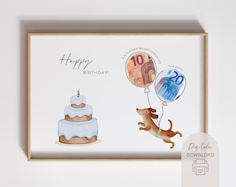 Regalo de cumpleaños | Cumplir deseos | Regalo de última hora para niños y adultos | Descarga instantánea en PDF para imprimir | Regalo de dinero con forma de perro salchicha