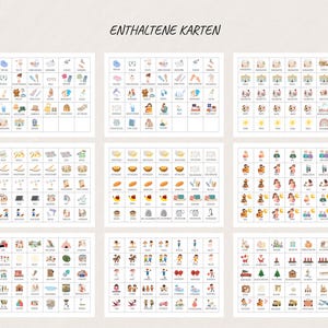 May include: Nine illustrated cards with various images, including a sun, a toothbrush, and people. The cards are arranged in a grid pattern, with the text "ENTHALTENE KARTEN" at the top. The illustrations are in soft colors.