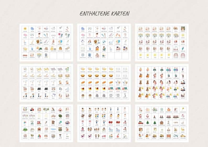 May include: Nine illustrated cards with various images, including a sun, a toothbrush, and people. The cards are arranged in a grid pattern, with the text "ENTHALTENE KARTEN" at the top. The illustrations are in soft colors.