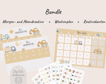 May include: A bundle of printable charts and cards featuring construction vehicle illustrations. Includes sheets labeled Bundle, Morgen- und Abendroutine, Wochenplan, Routinekarten, Meine Morgenroutine, Meine Abendroutine, Meine Woche, and Digitaler Download.