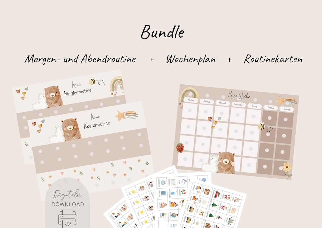 Morning & Evening Routine Bundle and Weekly Planner for Children (bear ...