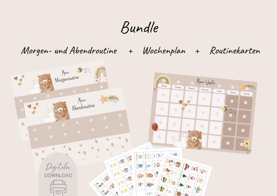 Bundle Morgen- & Abendroutine und Wochenplan für Kinder Bär mit Routinekarten | Routineplan für Kinder | Digitale Datei | PDF zum Ausdrucken