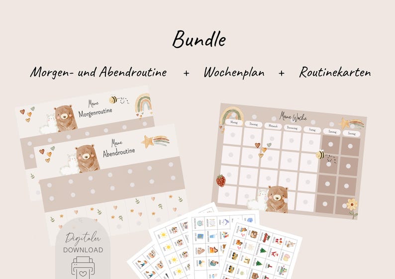 Könnte beinhalten: Ein Bundle aus druckbaren Kinder-Routinekarten und Planerseiten. Das Set enthält einen Wochenkalender, Morgen- und Abendroutinekarten sowie eine Sammlung illustrierter Routinekarten. Die Designs zeigen einen Bären, einen Regenbogen und andere skurrile Elemente.