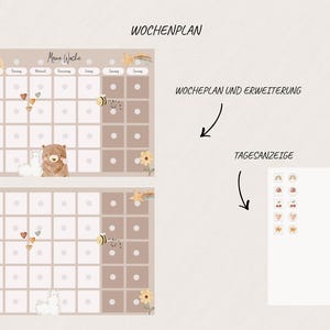 May include: A beige weekly planner with the German text "Wochenplan" at the top. The planner features illustrations of a rainbow, hearts, a bee, a bear, a flower, and a strawberry. A separate sheet displays decorative stickers.