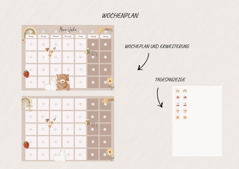 May include: A beige weekly planner with the German text "Wochenplan" at the top. The planner features illustrations of a rainbow, hearts, a bee, a bear, a flower, and a strawberry. A separate sheet displays decorative stickers.