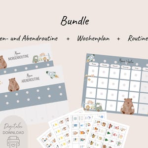 May include: A collection of children's printable charts and cards. The bundle includes a weekly planner, morning and evening routine charts, and routine cards. The designs feature a bear, sun, moon, rocket, and vehicles. The text includes "Bundle", "Digitaler Download", and German phrases.