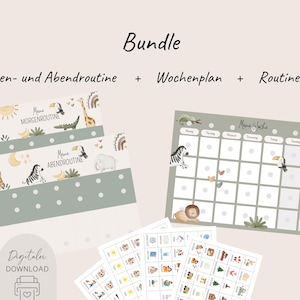 Op de afbeelding: Een bundel afdrukbare kinderroutinekaarten en plannerpagina's. De set bevat ochtend- en avondroutinekaarten, een weekplanner en routinekaarten. De ontwerpen bevatten aquarel illustraties van dieren zoals leeuwen, giraffen en zebra's, met de tekst "Bundle".