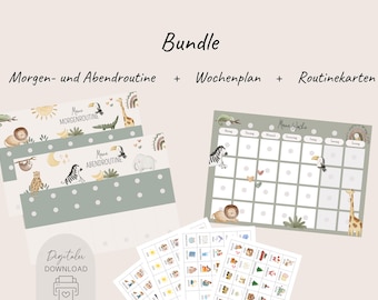 May include: A set of printable children's routine charts and planner pages. The bundle includes morning and evening routine cards, a weekly planner, and routine cards. The designs feature watercolor illustrations of animals like lions, giraffes, and zebras, with the text "Bundle".