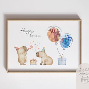 Puede incluir: Impresi&oacute;n en acuarela con tem&aacute;tica de cumplea&ntilde;os. Dos carpinchos celebran con gorros de fiesta y una tarta. Globos con forma de billetes de euro flotan sobre una caja de regalo. Las palabras "Happy Birthday!" est&aacute;n escritas en la parte superior.