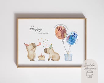 Verjaardagscadeau | Wensvervulling | Lastminute cadeau voor kinderen en volwassenen | Direct te downloaden PDF om te printen | Capybara geldcadeau