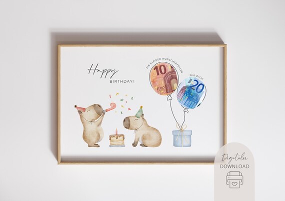 Geburtstagsgeschenk | Wunscherfüller | Last Minute Geschenk Kinder, Erwachsene |  Sofort Download PDF zum Ausdrucken | Geldgeschenk Capybara