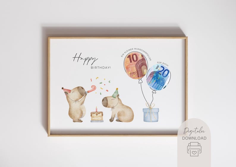 Puede incluir: Impresi&oacute;n en acuarela con tem&aacute;tica de cumplea&ntilde;os. Dos carpinchos celebran con gorros de fiesta y una tarta. Globos con forma de billetes de euro flotan sobre una caja de regalo. Las palabras "Happy Birthday!" est&aacute;n escritas en la parte superior.