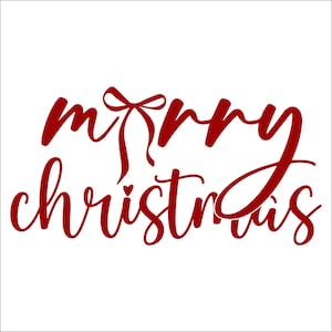 May include: Red cursive text on a white background reads "merry christmas". The word "merry" has a bow design above it. A small heart is between the "r" and "i" in "christmas".