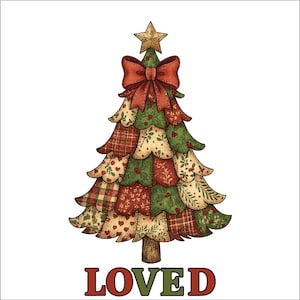 May include: A whimsical Christmas tree illustration with a patchwork design in red, green, and cream. The tree is topped with a gold star and a red bow. The word "LOVED" is written in red and green at the base.