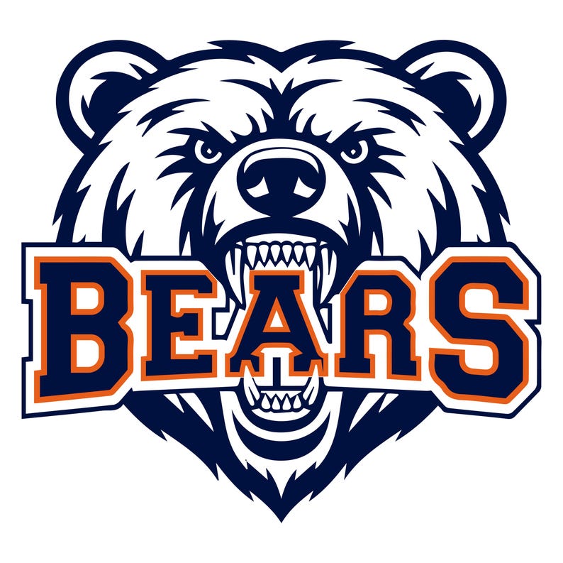 May include: A navy blue and white bear head graphic with the word "BEARS" in orange-trimmed letters. The bear has an open mouth showing teeth. This design is suitable for sports team merchandise.