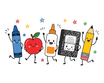 May include: A cartoon illustration featuring a blue crayon, a red apple, a white glue bottle, a black and white composition notebook, and a yellow pencil, all with smiling faces and limbs, surrounded by small colorful stars on a white background.