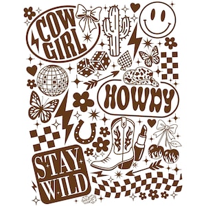 以下が含まれることがあります： 「COW GIRL」、「HOWDY」、「STAY WILD」の文字が入った茶色のグラフィック。カウボーイブーツ、スマイリーフェイス、蝶、サボテン、蹄鉄、サイコロ、ディスコボールのデザインが含まれています。