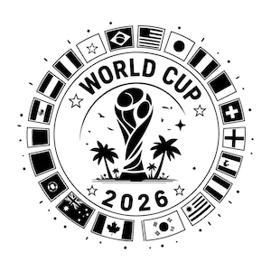 Op de afbeelding: Een cirkelvormige zwart-wit afbeelding met de tekst WORLD CUP 2026. In het midden staat het silhouet van een trofee geflankeerd door palmbomen. De rand bestaat uit een ring van diverse nationale vlaggen in een cirkelvormig patroon.