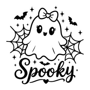 May include: A black and white graphic illustration featuring a central ghost character with a bow on its head, flanked by spider webs and bats. The word Spooky is written in a cursive script at the bottom, surrounded by small star shapes.