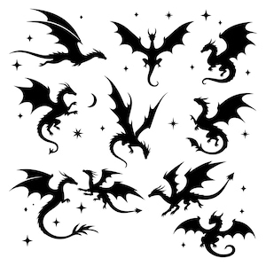 May include: A collection of black silhouettes featuring various dragons in flight and perched positions, accompanied by small four-pointed stars and a crescent moon, all arranged against a plain white background as a graphic design element.