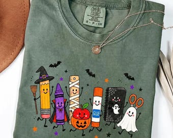 Halloween Teacher Shirt, Spooky School Supplies Tee, Cute Pencil Crayon Ghost Pumpkin T-Shirt, Teacher Halloween Gift