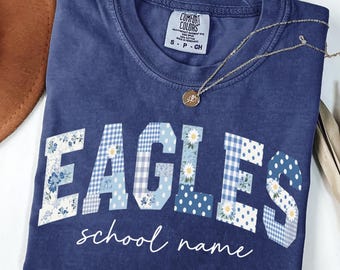 Custom School Spirit Shirt, Personalized Mascot Tee, Eagles School Shirt, Comfort Colors Game Day Tee, Preppy Floral Gingham Team Shirt