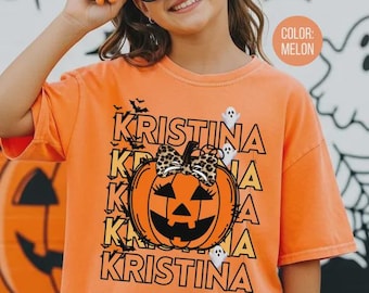 Personalized Halloween Shirt, Custom Name Pumpkin Tee, Leopard Bow Jack O Lantern Shirt, Spooky Season Fall T-Shirt, Halloween Gift